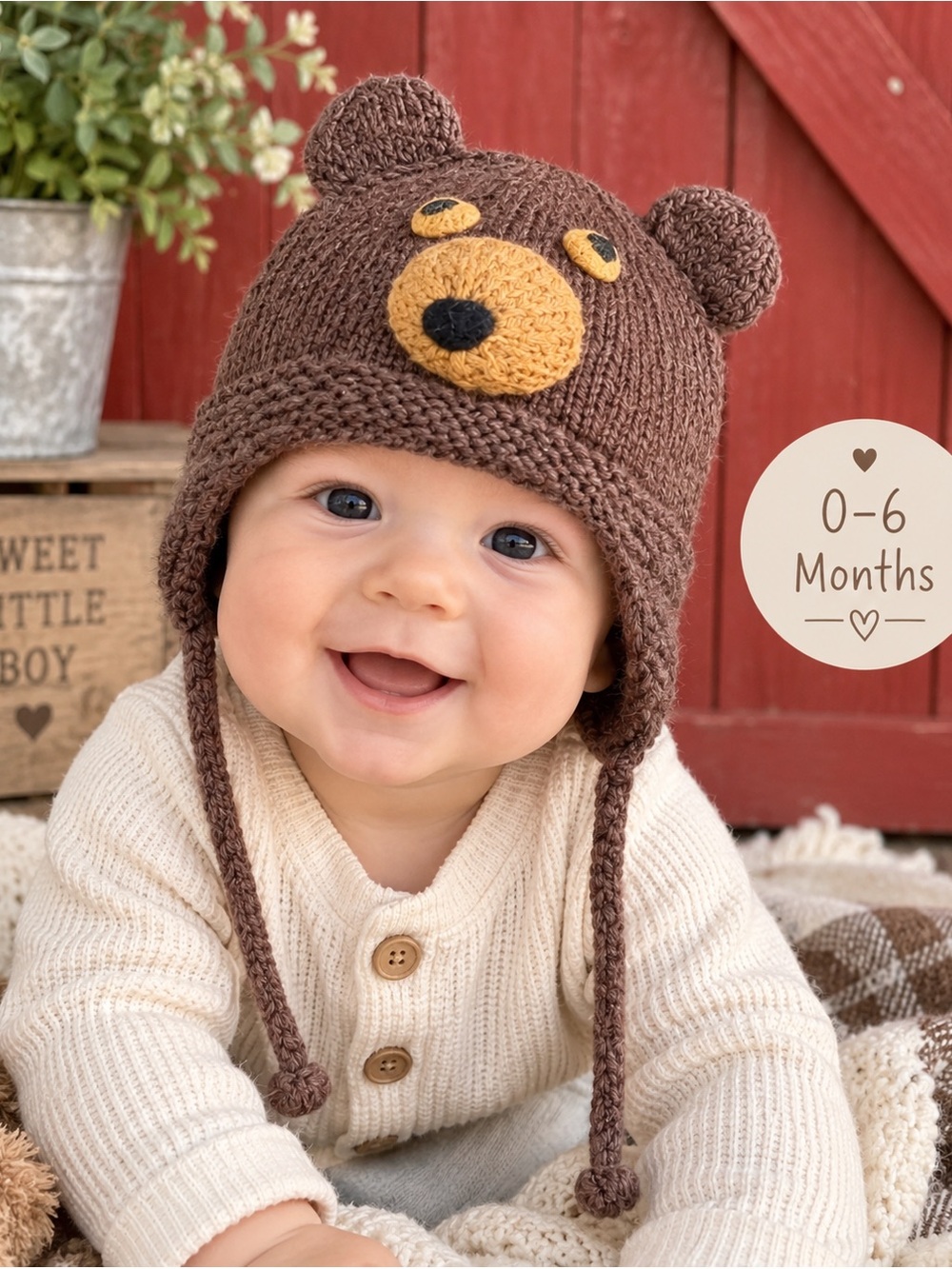 Brown Knit Bear Face Baby Hat 0–6 Months Earflap Animal Beanie
